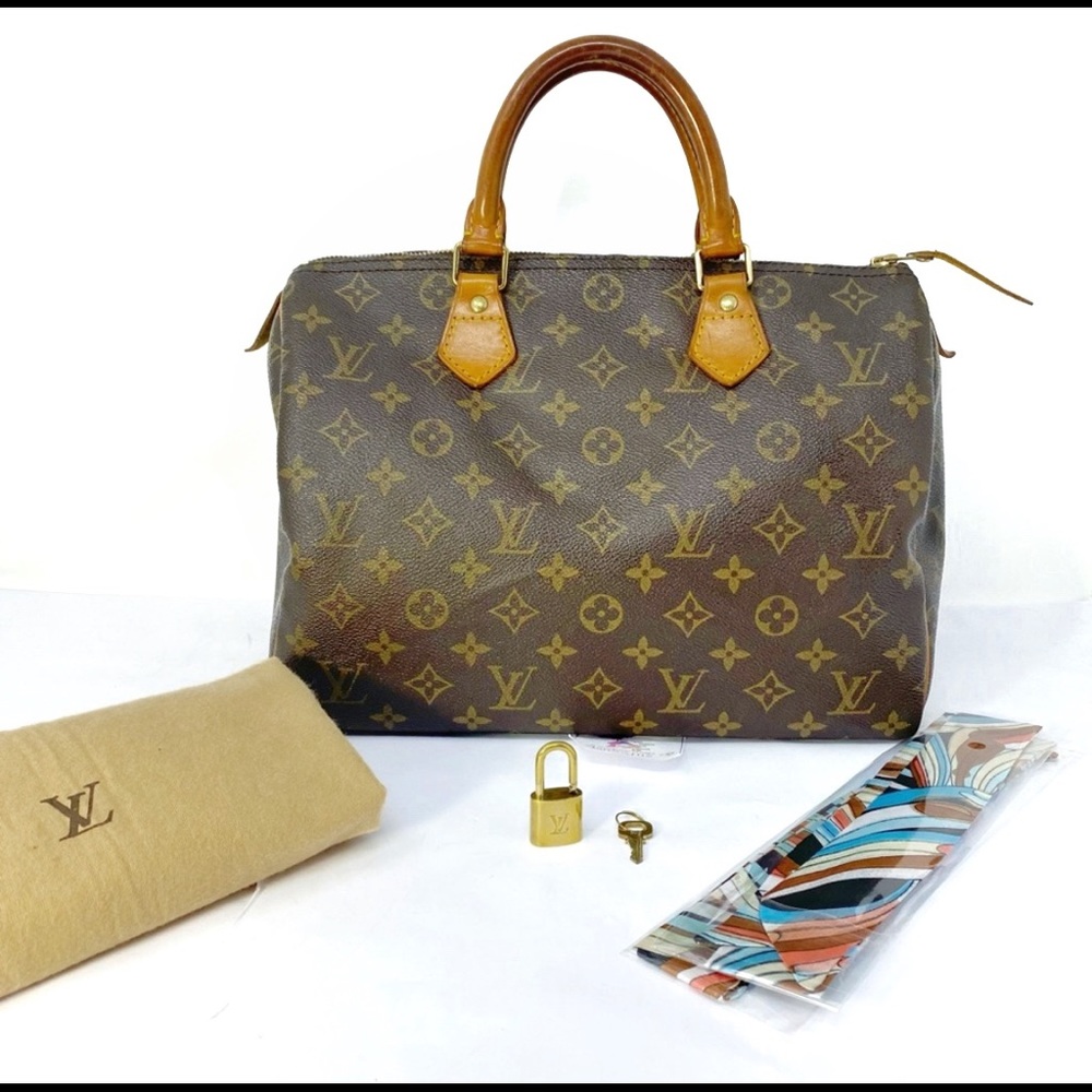 Louis Vuitton Brown Monogram Canvas Speedy Bag with Tan Leather Trim